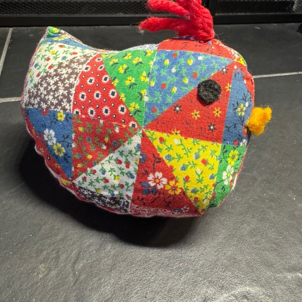 Handmade Patchwork Chicken Plush Farmhouse Pincushion Floral Gingham Folk Art